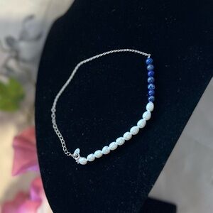 Pearl Beads and Lapiz Lazuli Silver Anklet